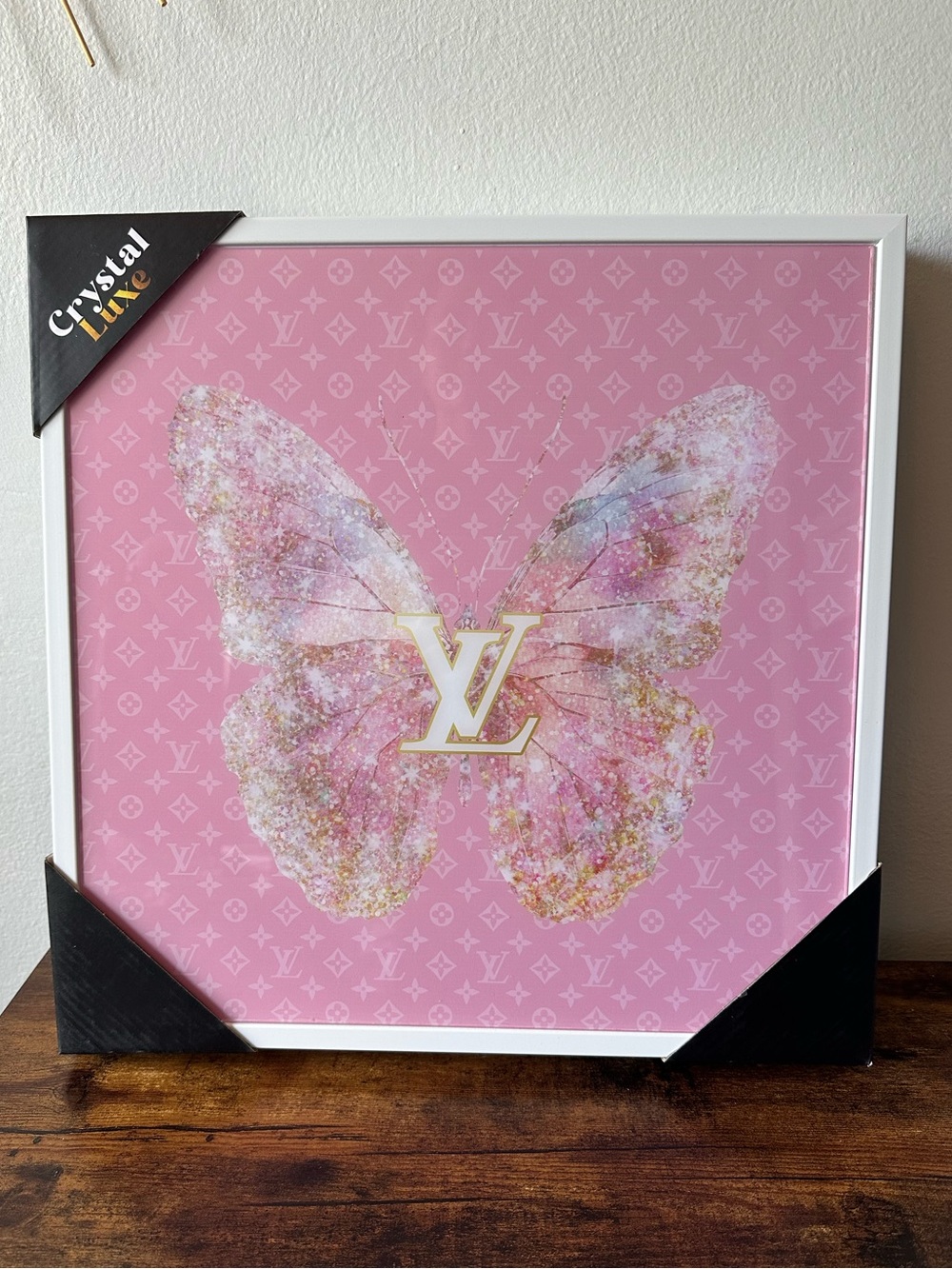 Luxury Designer Inspired Framed Gold & Pink Sparkle Butterfly Wall Art Decor NWT
